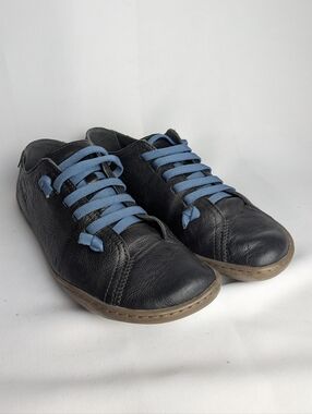 CAMPER Flat Leather Women Black Shoes With Blue Laces Size 38 = 8 US